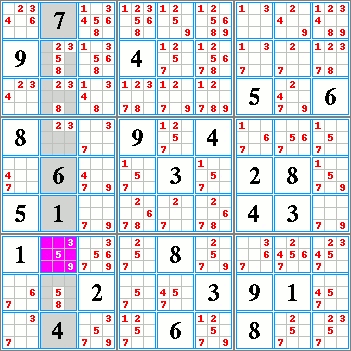 Méthode exclusive détaillée d'une colonne de grille sudoku.