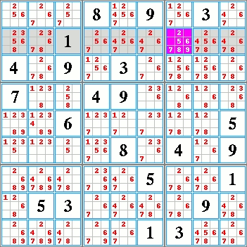 Méthode exclusive détaillée d'une ligne de grille sudoku.